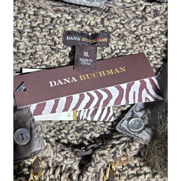 Dana Buchman Brown Chunky Knit Faux Fur Detach Collar Cardigan Gold XL NWT Lagen - Picture 8 of 10